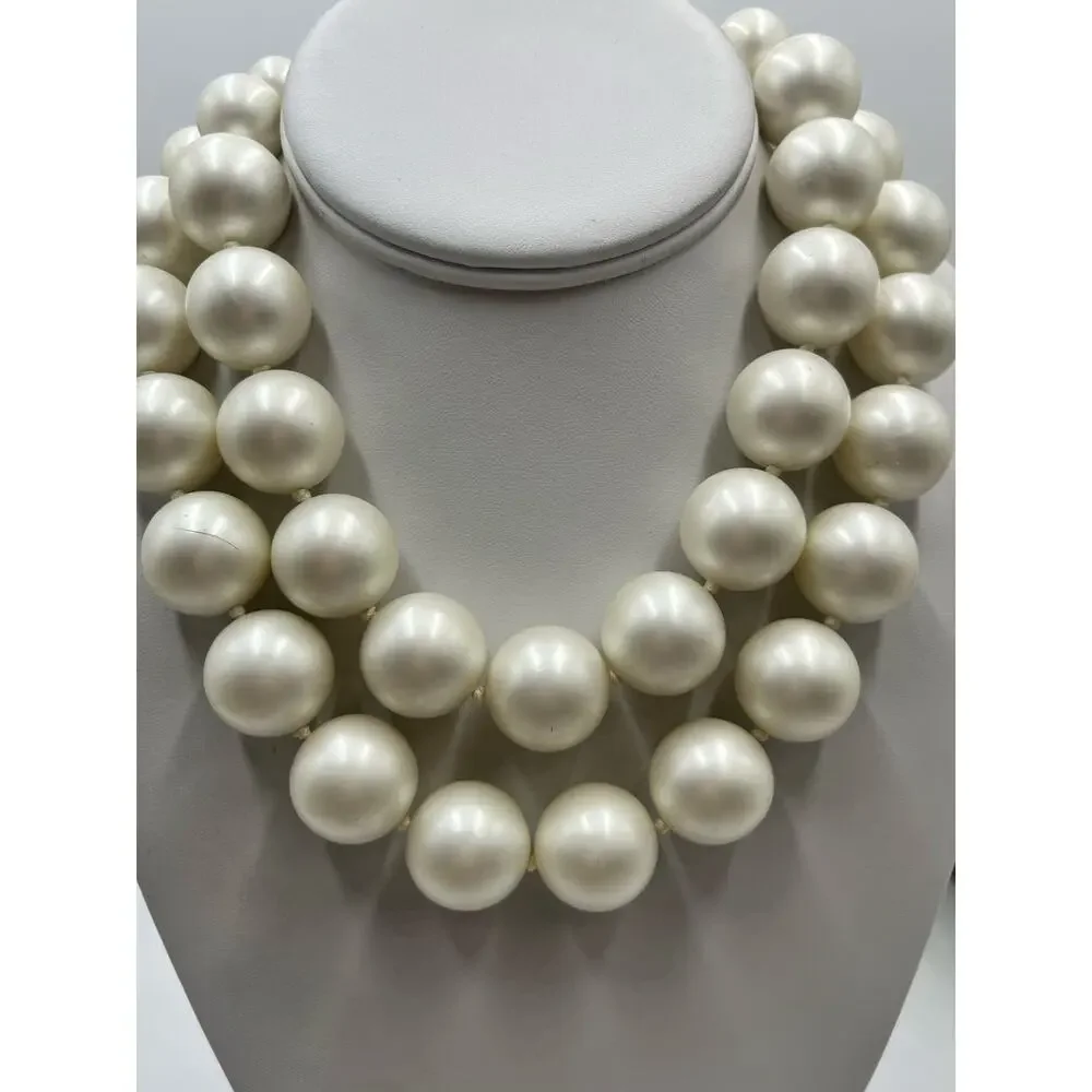 Vintage Large Double Strand Ivory Faux Acrylic Pearl Gold Tone Hook Necklace 20m